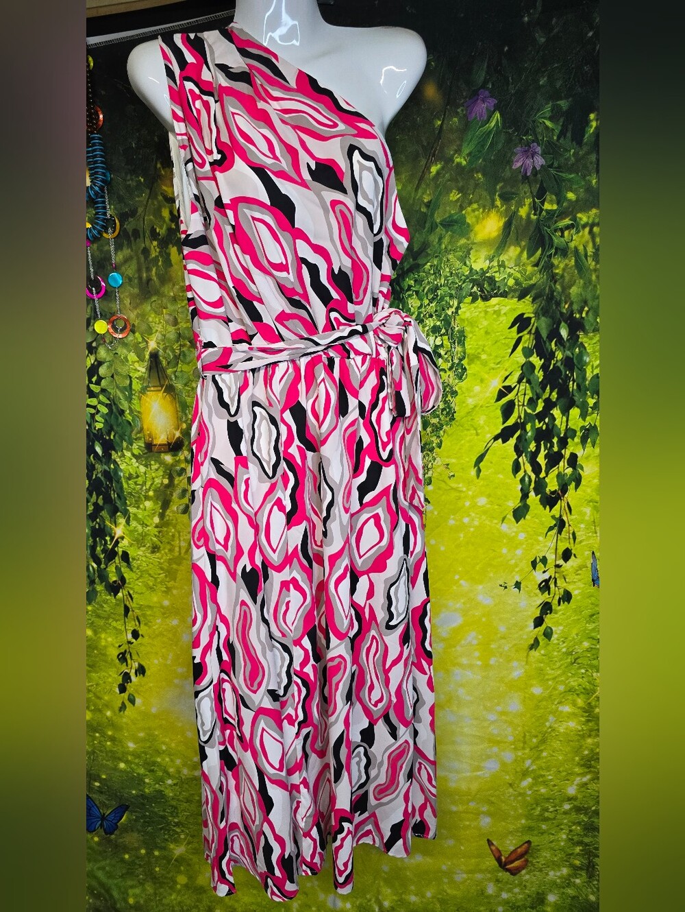 #123 One-Shoulder Pink Abstract Midi Dress with Self-Tie Waist
